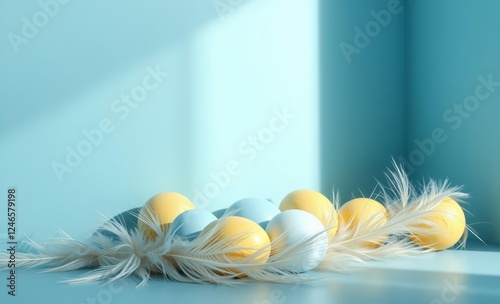 Side view blue yellow easter eggs on blue wall and floor soft light and feather pastel easter border border easter spring decoration background card frame holiday photo