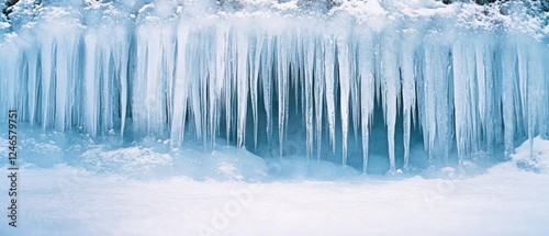 Majestic icicles jut downward against a snowy backdrop, embodying winter’s intricate beauty and formidable chill.