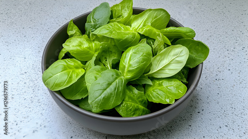 Fresh basil leaves in a bowl on a kitchen counter.  Possible use food photography for a recipe or healthy cooking website