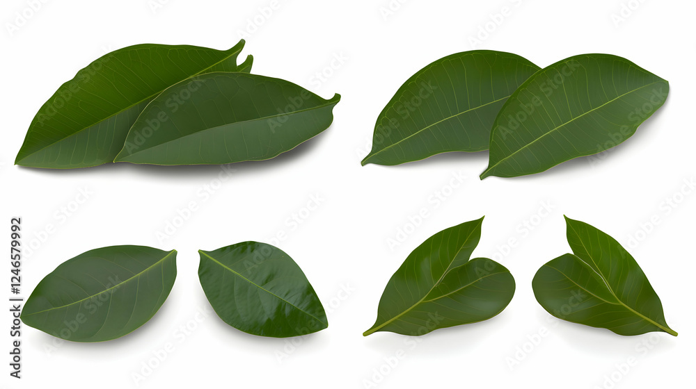 Fresh green leaves, isolated, various angles, showing textures, for nature or food background, ideal for botanical or healthy product imagery Fresh green leaves, isolated, various angles, showing textures, for nature or food background, ideal for botanical or healthy product imagery