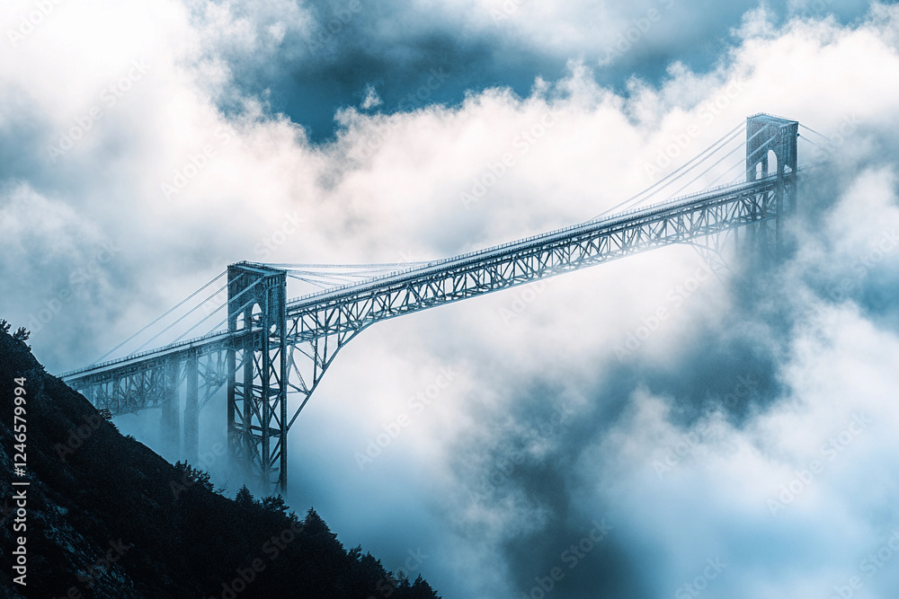 Elevated view of a bridge emerging from clouds at sunrise over a mountainous landscape Elevated view of a bridge emerging from clouds at sunrise over a mountainous landscape