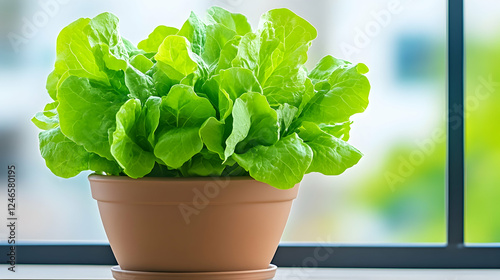 Fresh lettuce in terracotta pot on windowsill photo