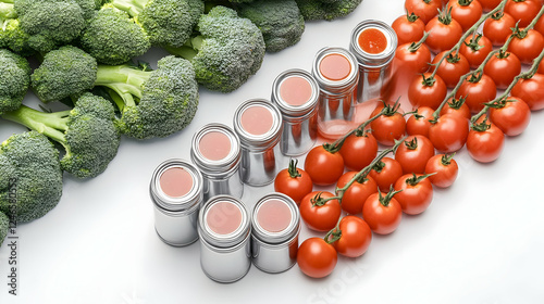 Fresh vegetables and canned food arranged on a white background. Use Product display or food concept photo