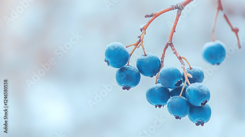 Frozen blueberries on branch in winter landscape; nature scene, peaceful photo