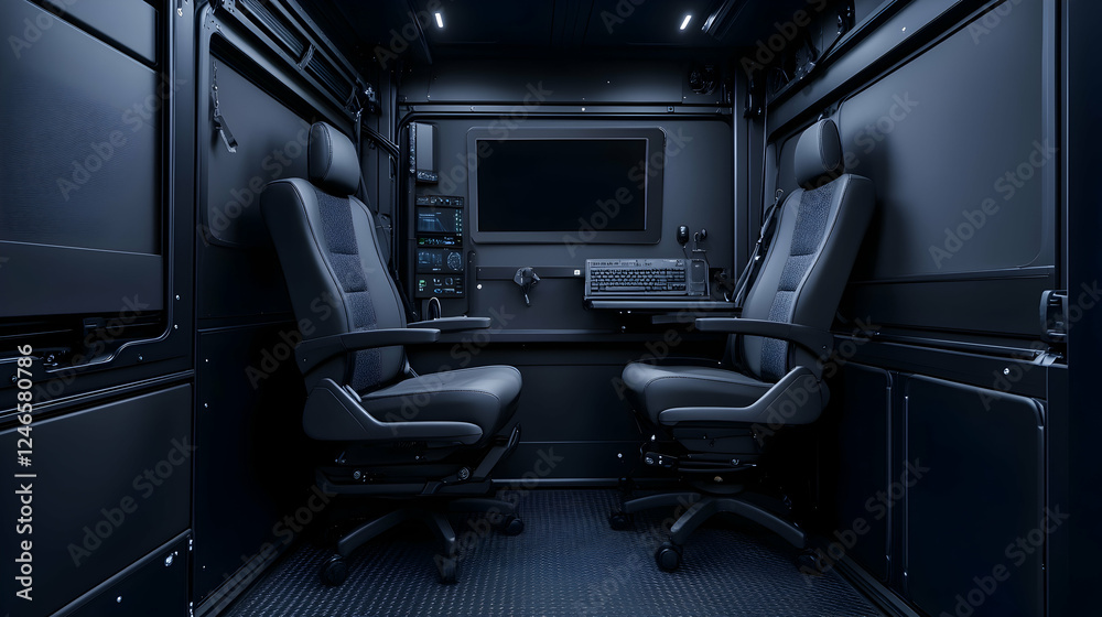Naklejka premium Futuristic mobile command center interior, dark, sleek. Possible use for stock