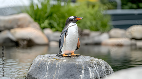 Gentoo penguin on rock by water; zoo environment; wildlife; education photo