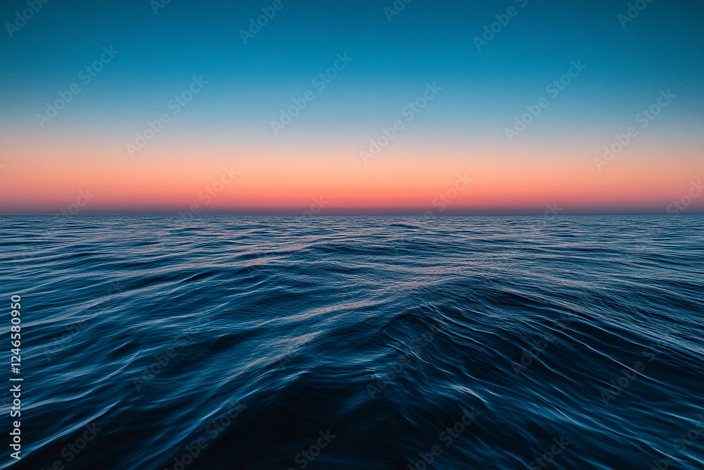 Obraz premium Sunset over calm ocean waters creates a serene atmosphere with vibrant colors on the horizon