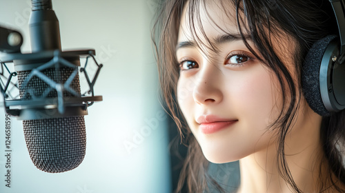 マイクに向かう美しい女性ナレーター