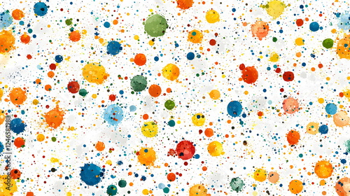 Colorful paint splatters scattered across a white background creating an abstract design.