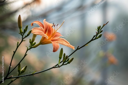Single orange blossom against a blurred background, blurred background, solo flower