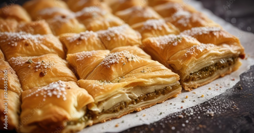 shot of a single layer of baklava with a sprinkle of powdered sugar on top , powdered sugar, pastry, golden brown shot of a single layer of baklava with a sprinkle of powdered sugar on top , powdered sugar, pastry, golden brown
