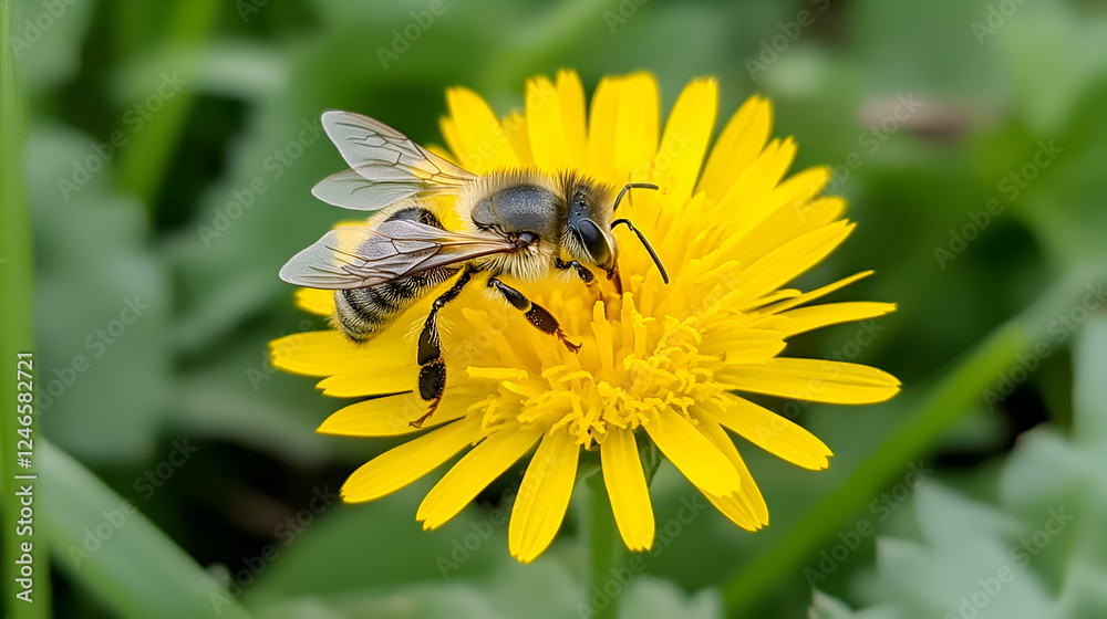 Honeybee on a Dandelion, Spring Meadow, Close-up, Nature Honeybee on a Dandelion, Spring Meadow, Close-up, Nature
