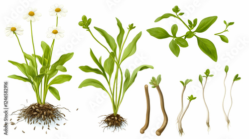 Illustrated collection of various plant life with roots and shoots.  Possible use in educational materials, botanical illustrations, or digital design photo