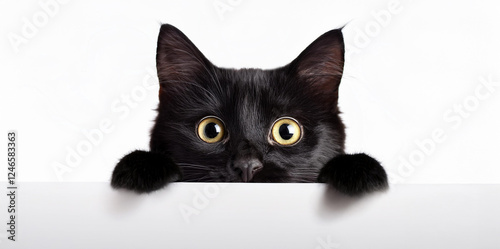 白いパネルの上から覗く黒猫。（A black cat peeking out from above a white panel.）

