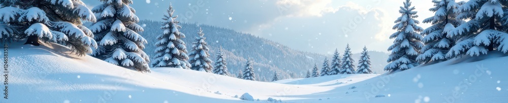 Snowdrifts and pine trees in a winter wonderland, snowdrift, winter scenery, snowflakes