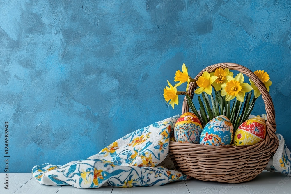 Fototapeta premium Easter background with colorful eggs in a basket and daffodils on a white wooden table against a blue wall