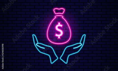 Neon illustration of a bag of money and hands holding it against a brick wall. Symbol of financial well-being and economic stability