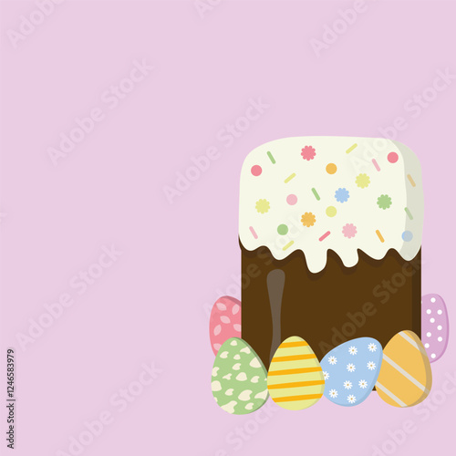Easter cake with Easter eggs on a pink background. Holy Easter holiday.