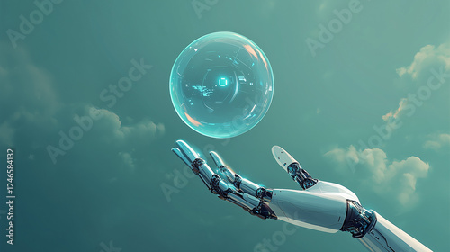 Robot Hand Reaching out to Futuristic Glowing Sphere Against a Serene Sky Backdrop