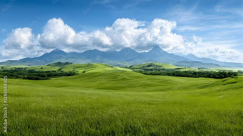 Lush green valley with mountains and clouds; perfect for nature wallpaper or screensaver Lush green valley with mountains and clouds; perfect for nature wallpaper or screensaver