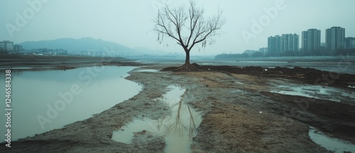 A single tree stands resilient on a muddy expanse under a hazy sky, set against distant urban silhouettes.