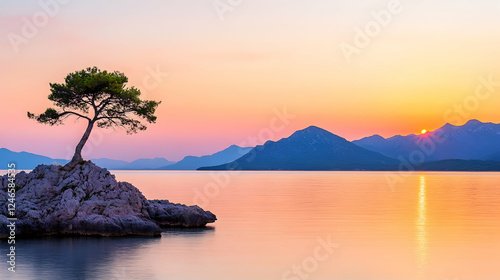 Majestic pine tree on rock islet at sunset over calm sea