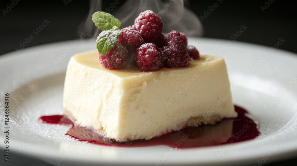 Steaming cheesecake with raspberries, dark background, food photography