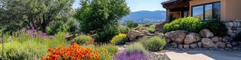 Colorful Flower Garden With Stone Pathway And Building Colorful Flower Garden With Stone Pathway And Building