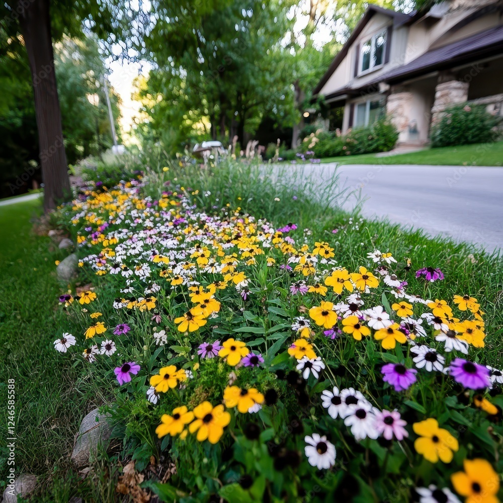 Colorful Flowerbed Along Residential Street Colorful Flowerbed Along Residential Street