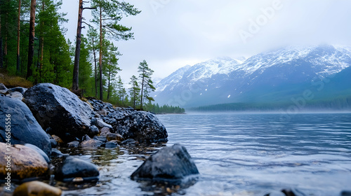 Misty mountain lake shore, tranquil scene, pine trees. Use Nature wallpaper, desktop background photo