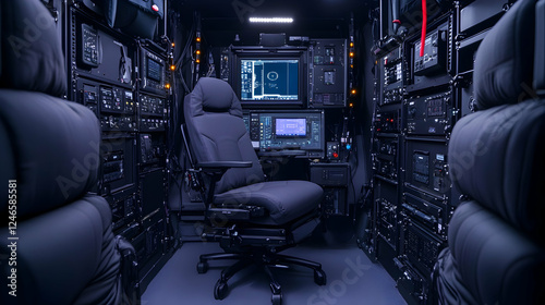Mobile command center interior; operator chair; nighttime; technology equipment; emergency response