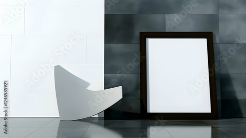 Modern Interior Mockup, Empty Frame, Abstract Chair photo