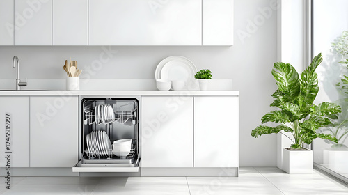Modern kitchen with open dishwasher, bright and spacious, interior design, home, cooking, clean