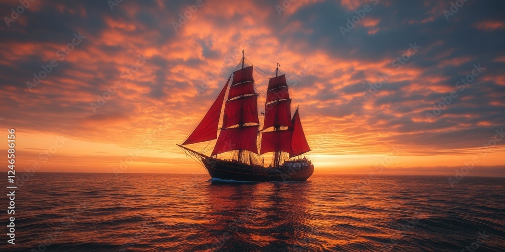 Fototapeta premium Sailing yacht with scarlet sails at sunset, maritime landscape, luxury vacation, yachting, travel romance, azure sea, water adventures, lifestyle, dream yacht, ocean travel