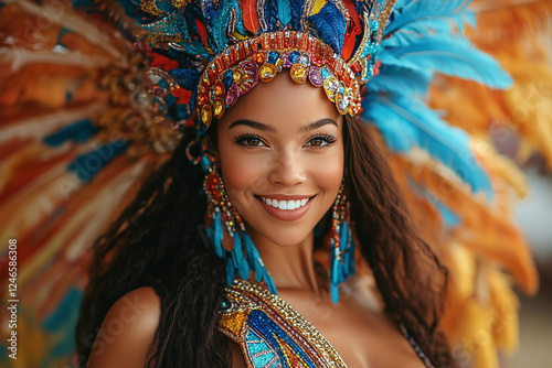 Cheerful woman in carnival costume with feathers. Caribbean costume carnival colorful style. Festival happy street celebration holiday. photo