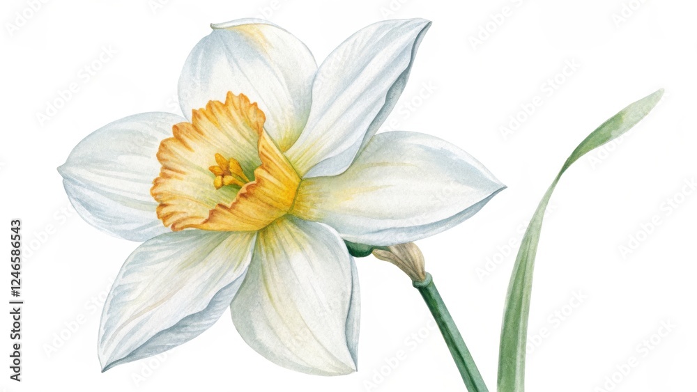Obraz premium Delicate white daffodil watercolor painting with soft yellow center and green stem on white background