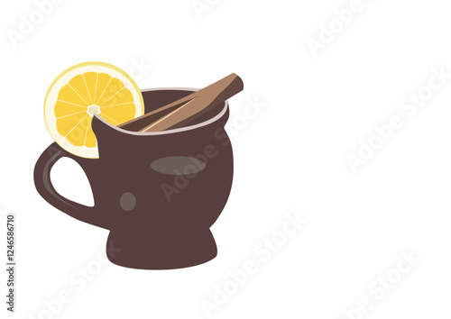 Mulled wine with cinnamon and lemon on white background. 