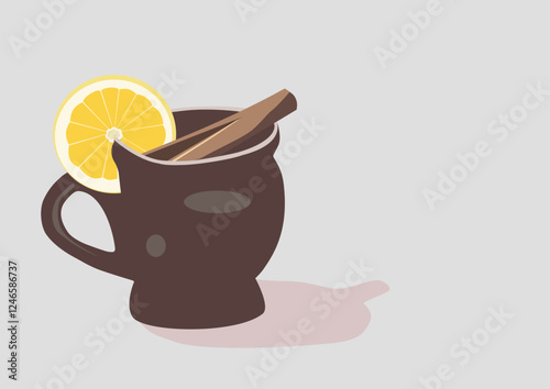  Mulled wine with cinnamon and lemon on white background.