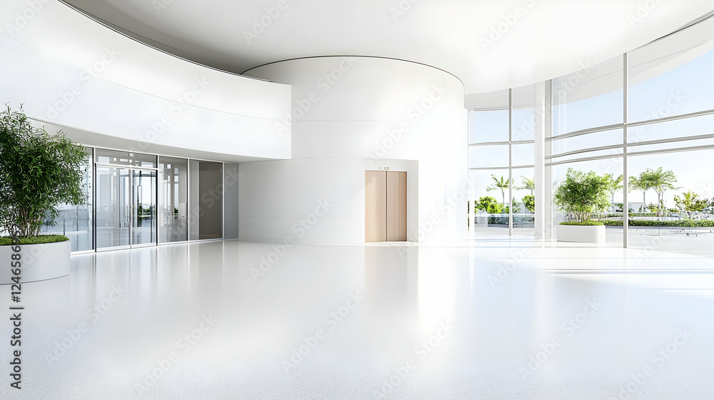 Obraz premium Modern white lobby with large windows overlooking a city landscape. Use Interior design, architectural photography