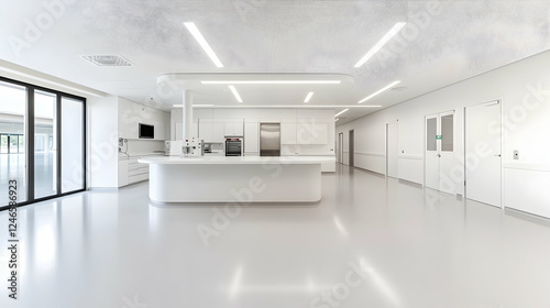 Modern white hospital kitchen, spacious interior, open area, for medical facility photo