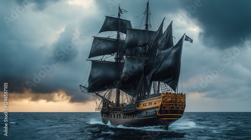 Pirate ship with black sails in the open sea, maritime landscape, sunset, stormy clouds, historical sailing vessel, ghost ship, sea adventure, legendary frigate, mysterious atmosphere