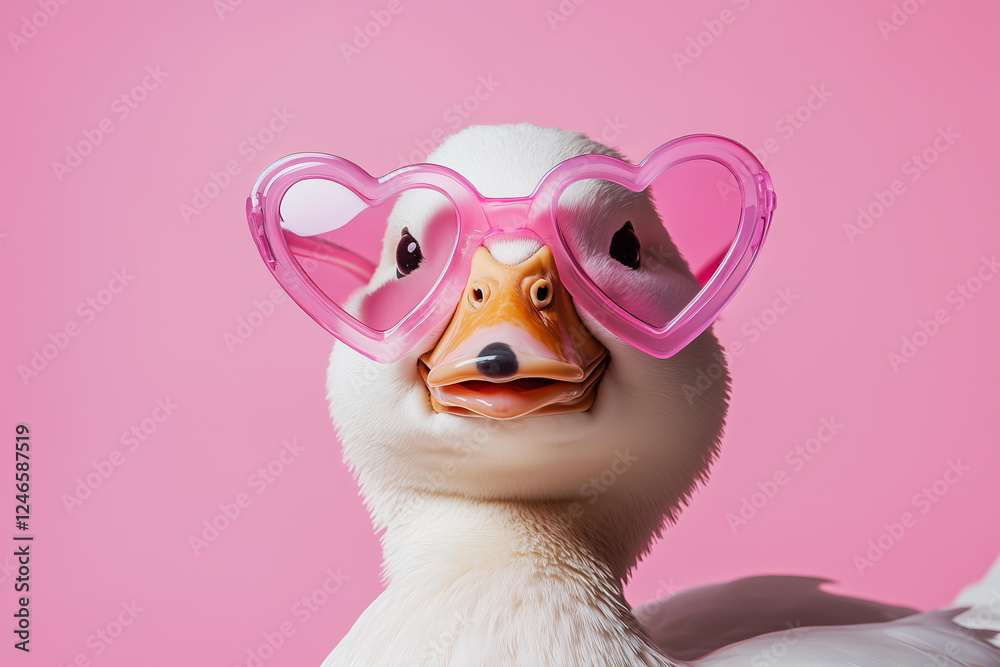 Fototapeta premium closeup photo of a stylish duck wearing oversized pink heart-shaped sunglasses. expression is calm and confident, exuding a playful and trendy vibe. The background is a solid pastel pink 