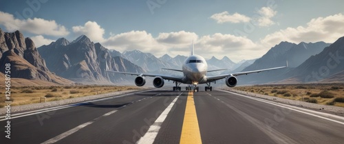 Photorealistic render of an airliner taking off from a mountainous runway, scenery, clouds, flight