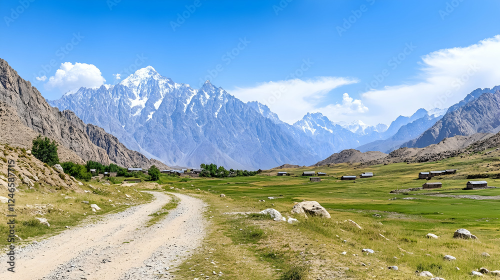 Mountain valley with a dirt road, snow-capped peaks, and small village. Possible use for stock photo Mountain valley with a dirt road, snow-capped peaks, and small village. Possible use for stock photo