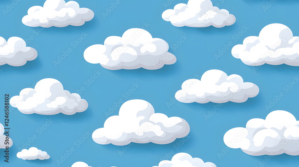 Fluffy white clouds on bright blue background with a cheerful atmosphere and whimsical feel Fluffy white clouds on bright blue background with a cheerful atmosphere and whimsical feel
