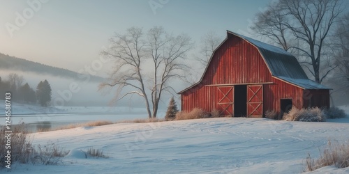 Serene Winter Landscape with Rustic Red Barn