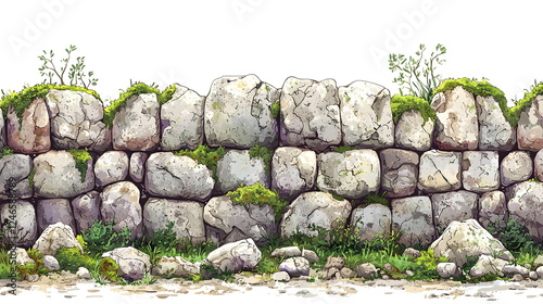 Moss-covered stone wall with plants and grass in a natural outdoor setting.
