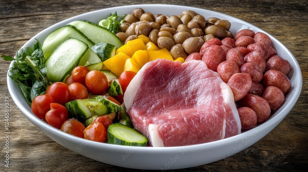 Colorful Healthy Meal Prep Bowl With Raw Meat and Vegetables Colorful Healthy Meal Prep Bowl With Raw Meat and Vegetables