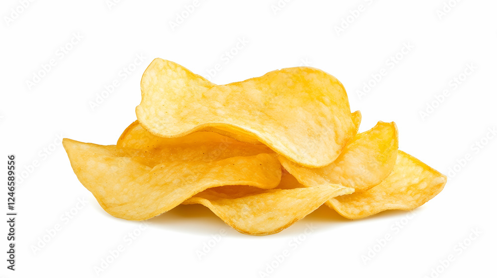 Pile of golden cassava chips isolated on white background, food photography, snack closeup Pile of golden cassava chips isolated on white background, food photography, snack closeup