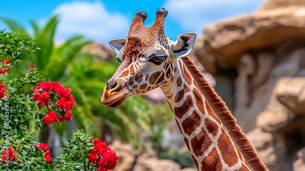 Obraz premium Young Giraffe Portrait Near Red Flowers and Rocks